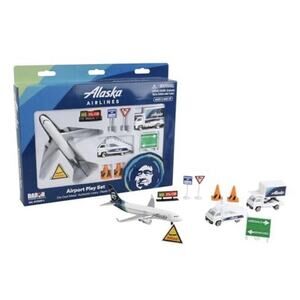 NEW Alaska Airlines DARON Die Cast Metal Airport Play Set Toy Plane Truck Signs